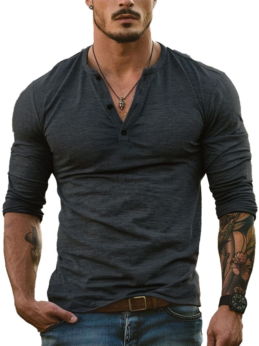 Heren Henley Kraag All-Match Casual T-shirt met Lange Mouwen