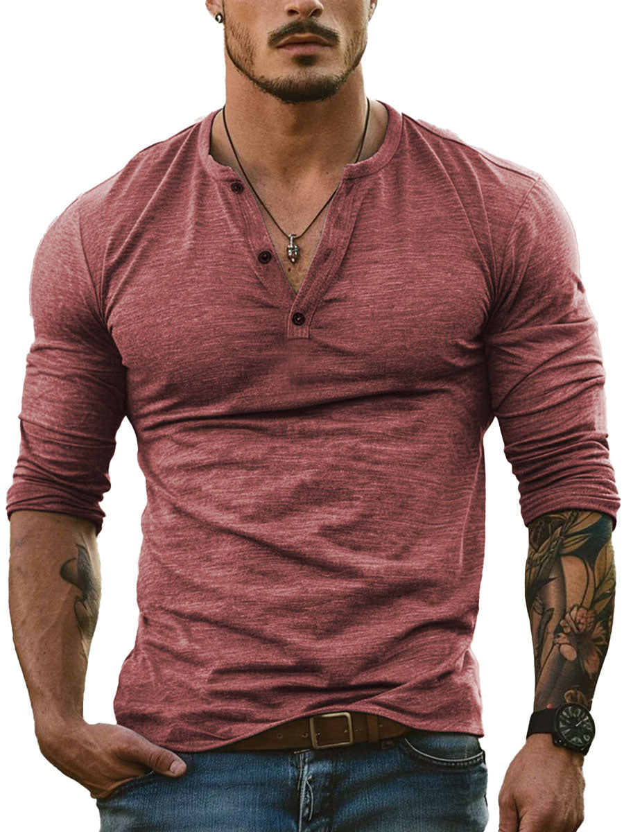Heren Henley Kraag All-Match Casual T-shirt met Lange Mouwen