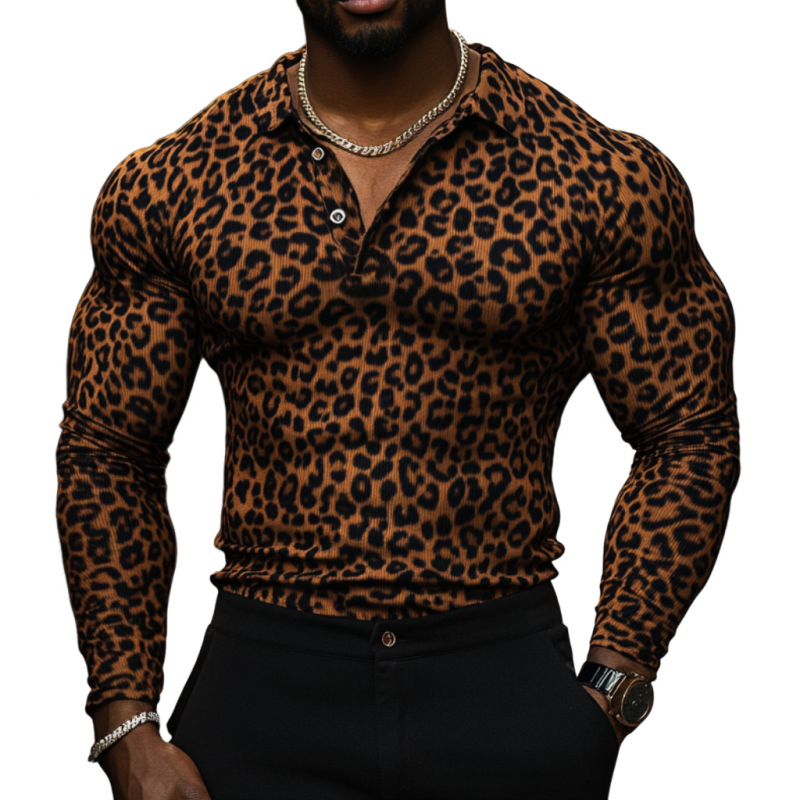 Heren Luipaardprint Slim Fit Poloshirt met Lange Mouwen