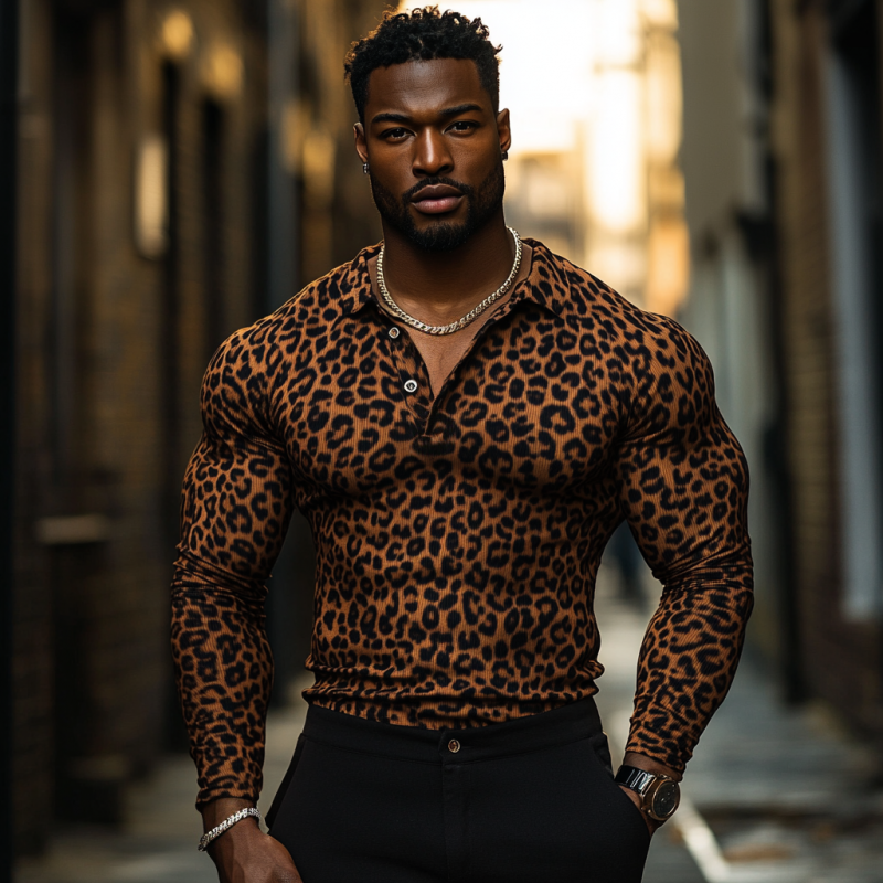 Heren Luipaardprint Slim Fit Poloshirt met Lange Mouwen