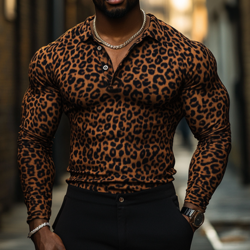 Heren Luipaardprint Slim Fit Poloshirt met Lange Mouwen