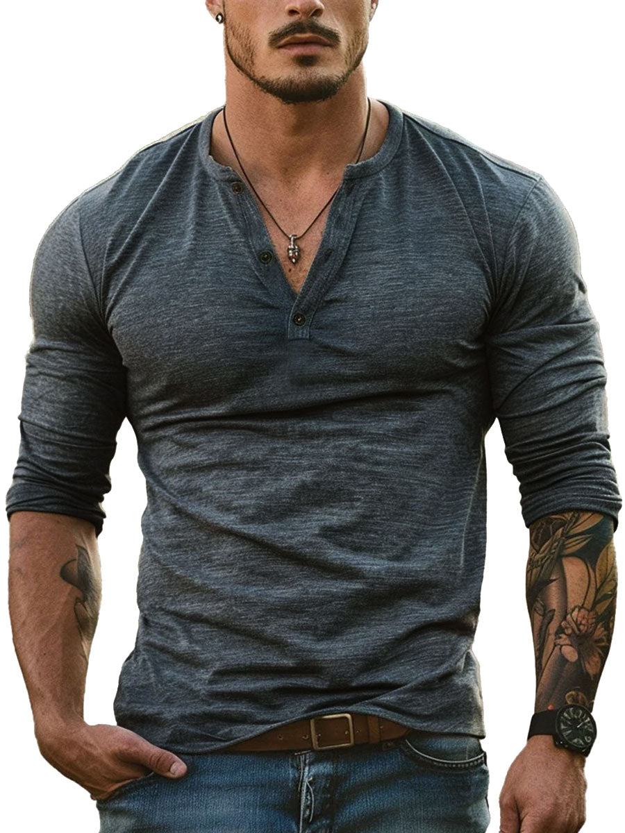 Heren Henley Kraag All-Match Casual T-shirt met Lange Mouwen