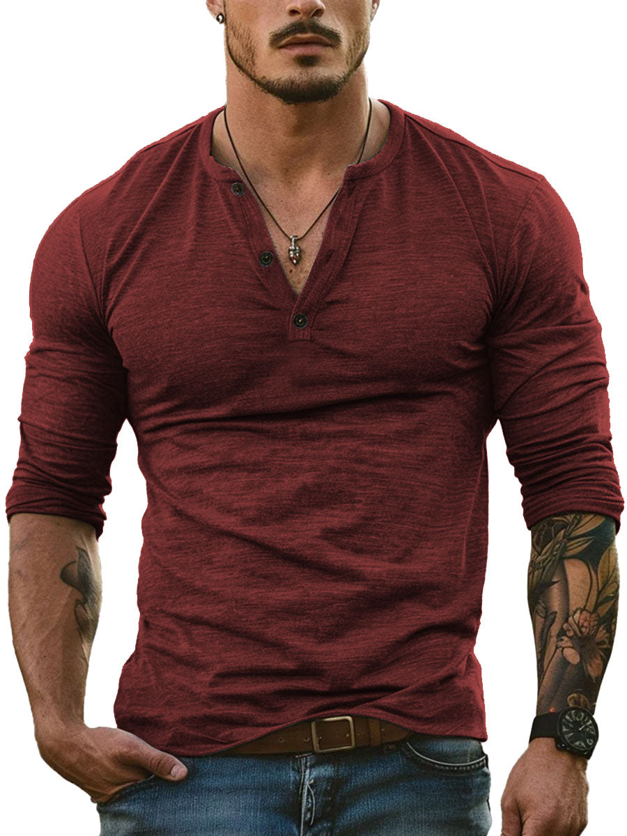 Heren Henley Kraag All-Match Casual T-shirt met Lange Mouwen