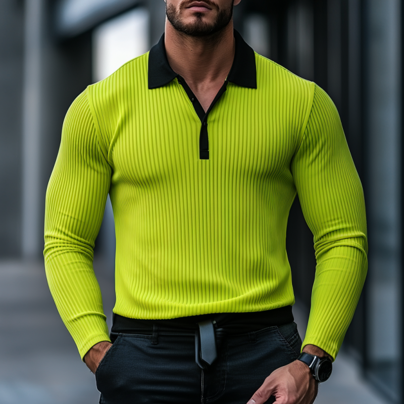 Heren Ottoman Rib Color Block Polo met Lange Mouwen