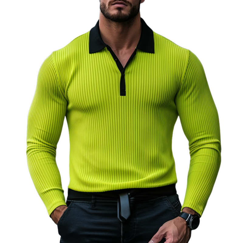 Heren Ottoman Rib Color Block Polo met Lange Mouwen