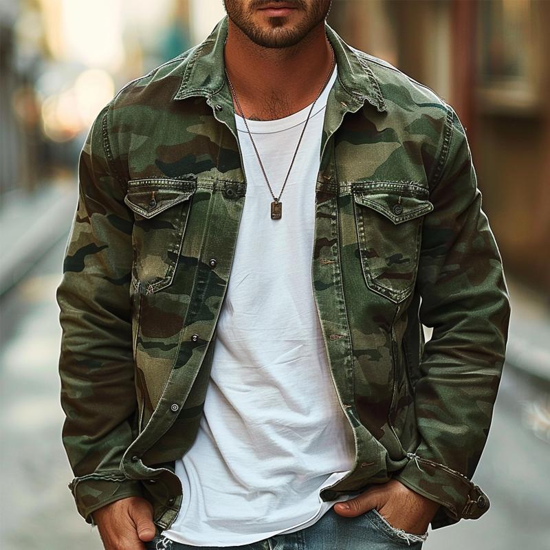 Heren Camouflage Canvas Retro Draagjas met Revers
