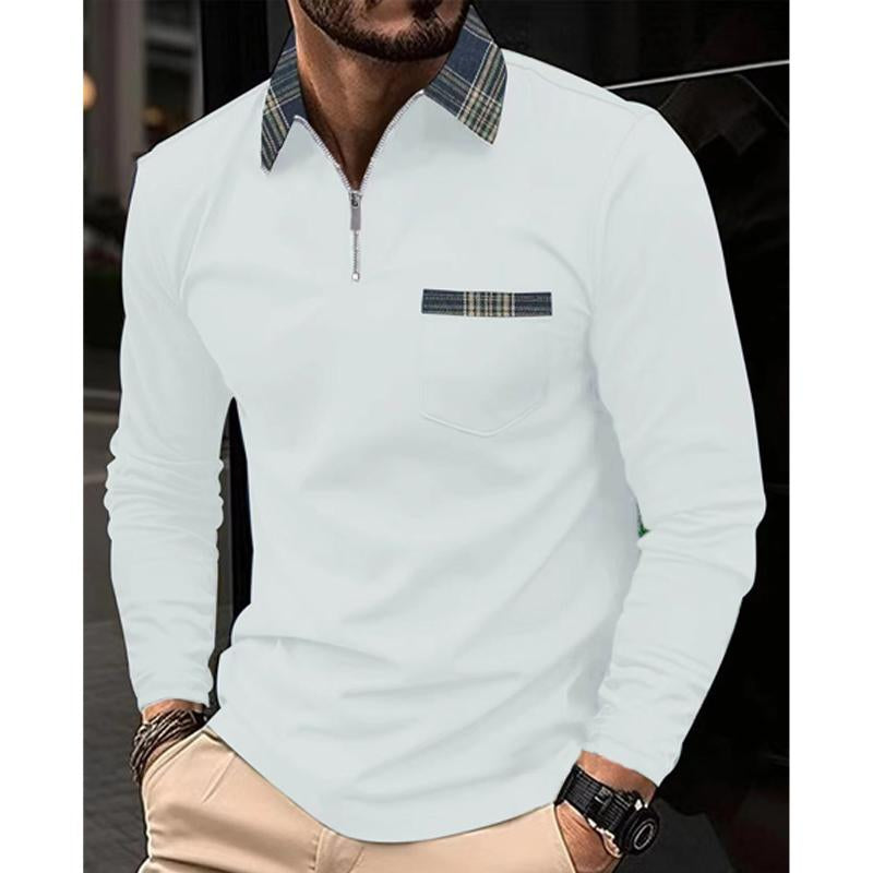 Geruit Gestikt Rits Revers Poloshirt met Lange Mouwen