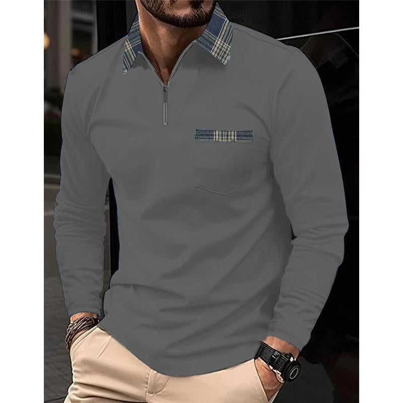 Geruit Gestikt Rits Revers Poloshirt met Lange Mouwen