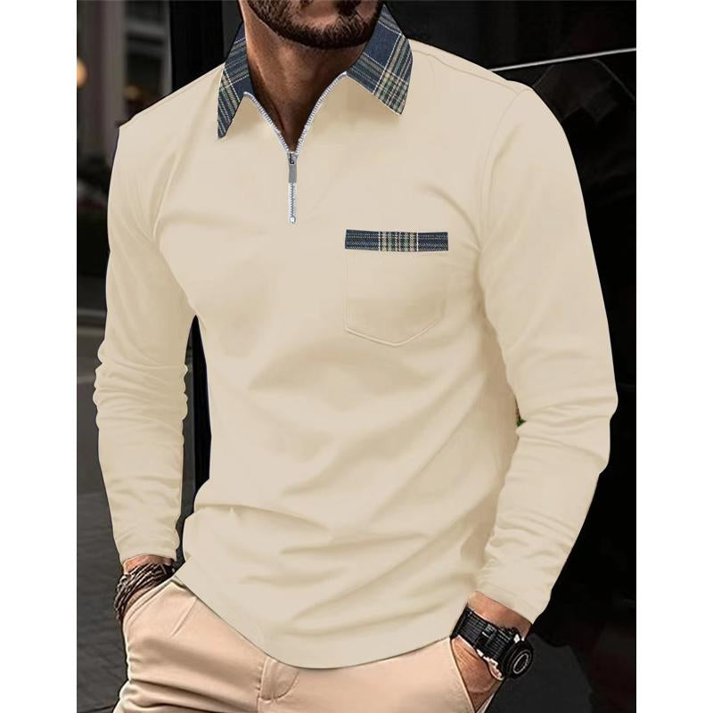 Geruit Gestikt Rits Revers Poloshirt met Lange Mouwen