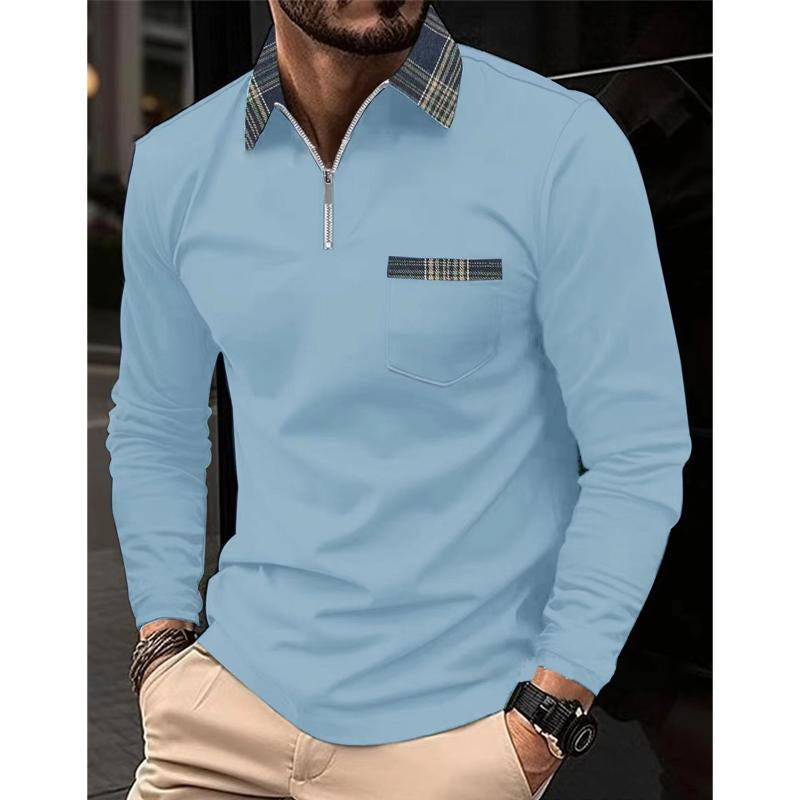 Geruit Gestikt Rits Revers Poloshirt met Lange Mouwen