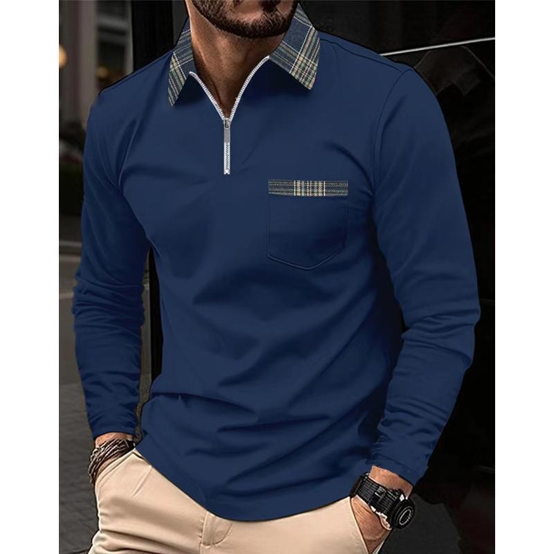 Geruit Gestikt Rits Revers Poloshirt met Lange Mouwen