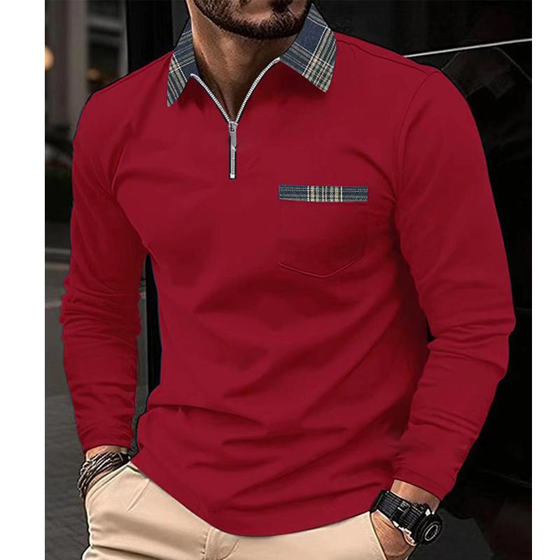 Geruit Gestikt Rits Revers Poloshirt met Lange Mouwen