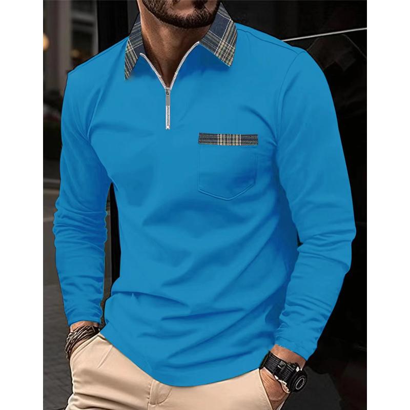 Geruit Gestikt Rits Revers Poloshirt met Lange Mouwen