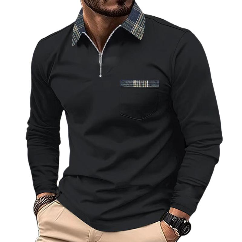 Geruit Gestikt Rits Revers Poloshirt met Lange Mouwen