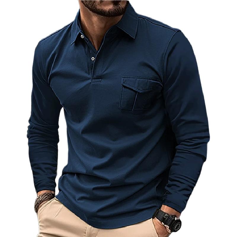 Heren Poloshirt Lange Mouwen Revers Knoop Slim Fit